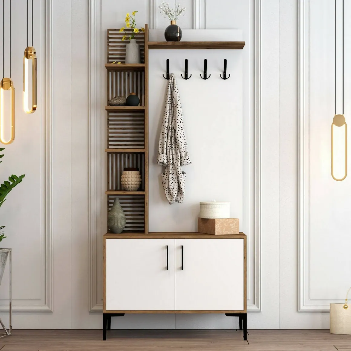 Mobile ingresso 2 ante legno e metallo noce e bianco 90x200h cm - Anja