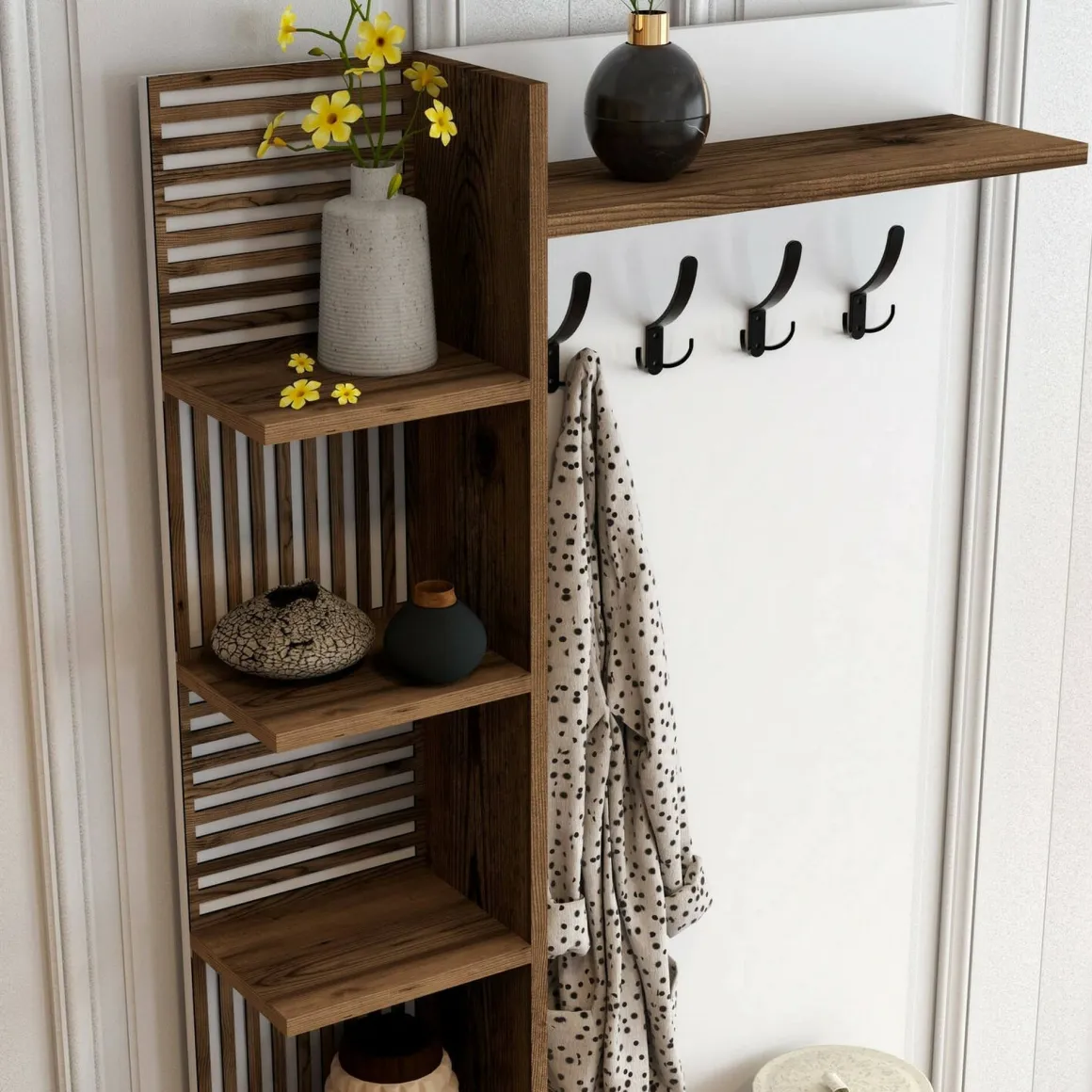 Mobile ingresso 2 ante legno e metallo noce e bianco 90x200h cm - Anja
