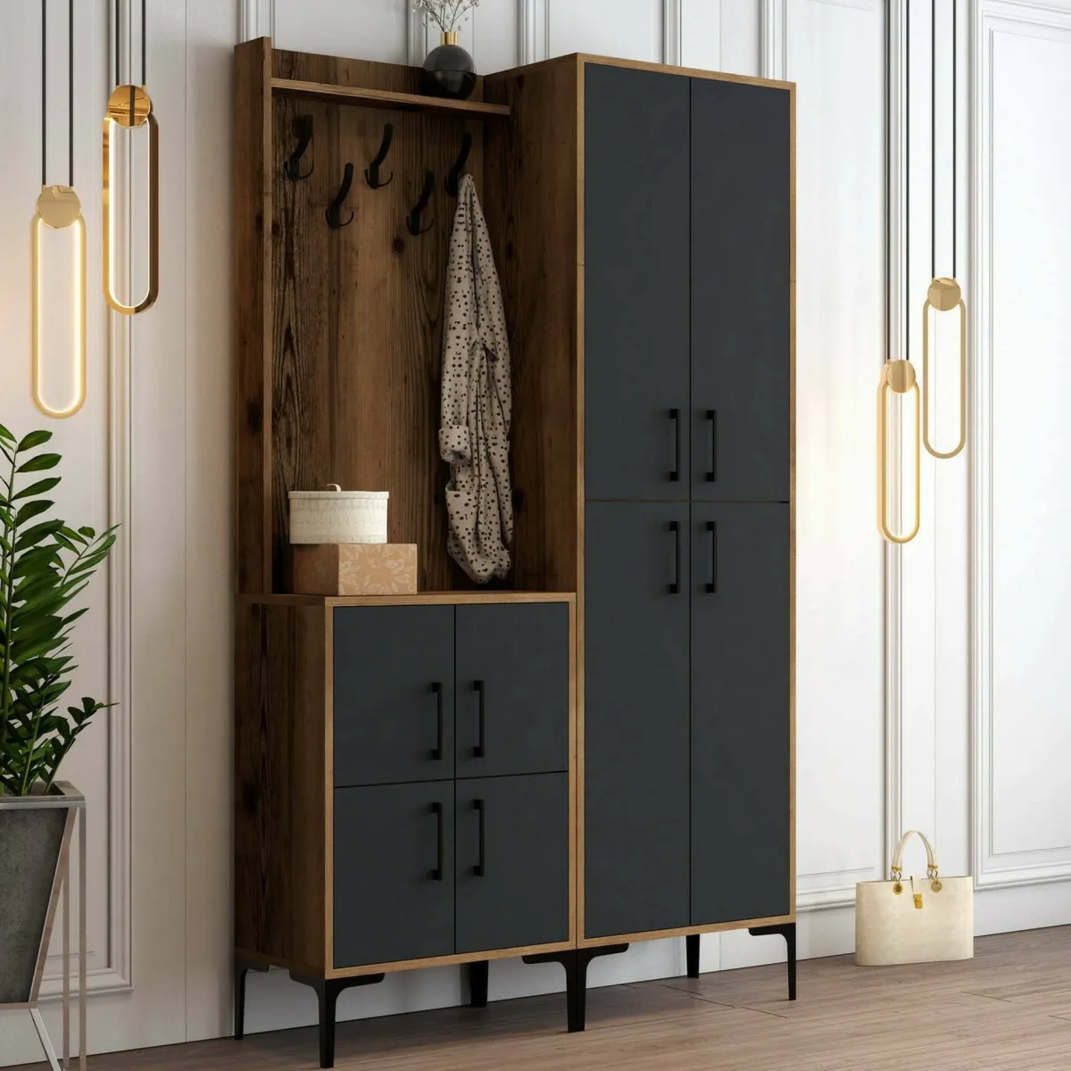 Mobili Da Ingresso|Ingresso > Dmora Mobile ingresso 4 ante noce e antracite 120x200h cm - Eufemia Nero Antracite, Marrone Noce