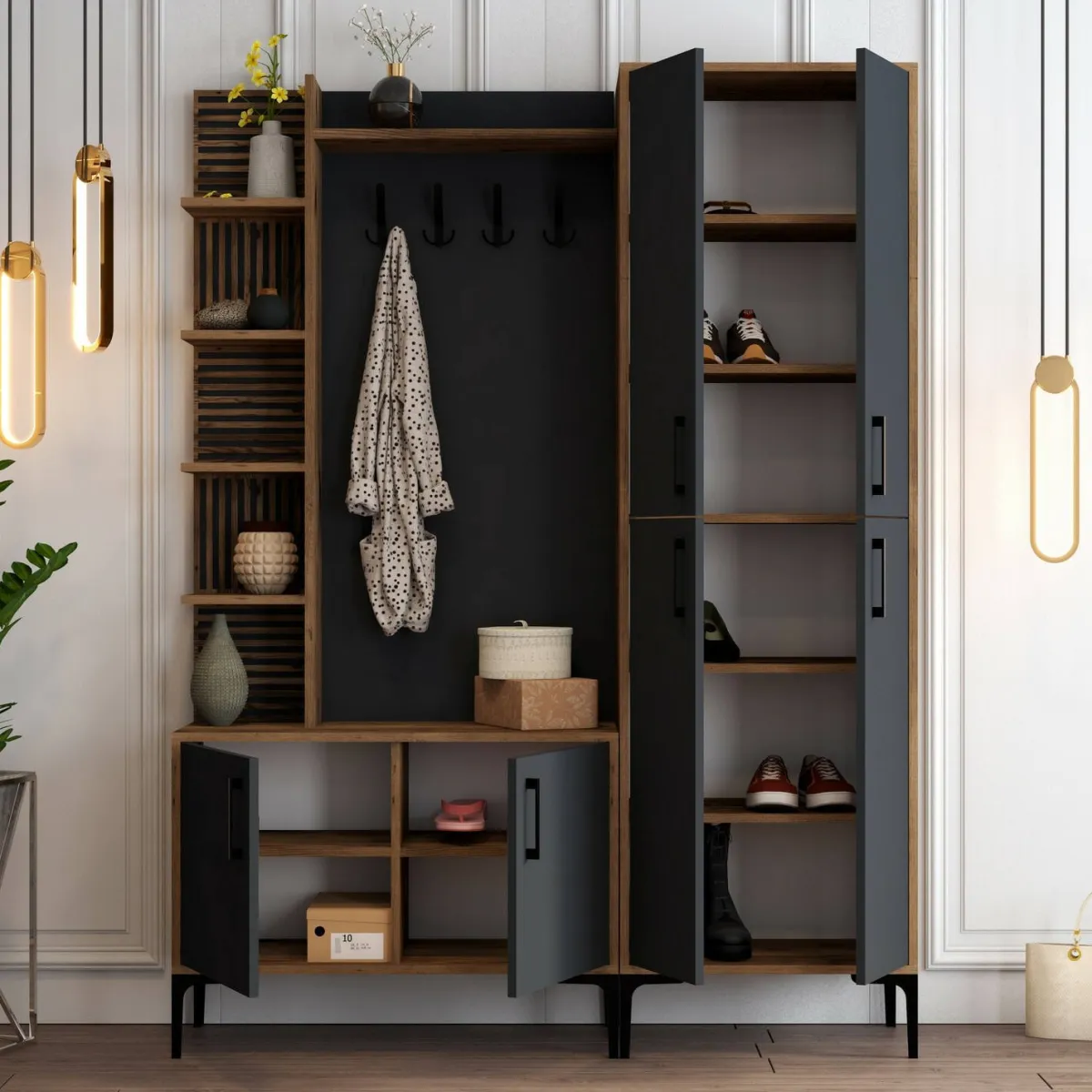Mobili Da Ingresso > Dmora Mobile ingresso classico 4 ante noce e antracite 150x200h cm - Vivian Nero Antracite, Marrone Noce