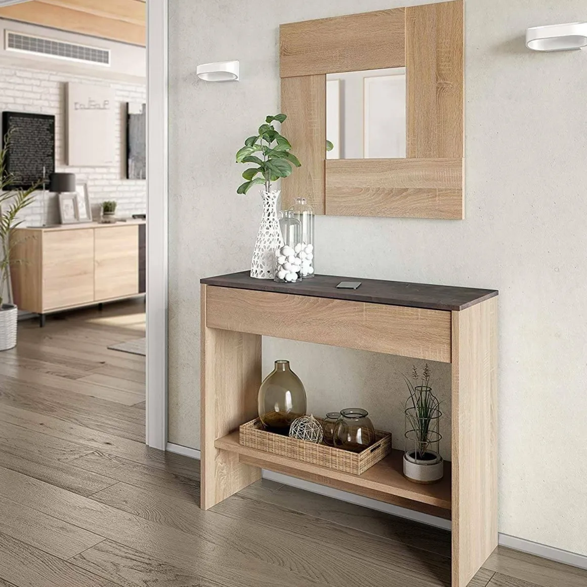Mobile ingresso sospeso con cassetto rovere e noce 92x79h cm - Alwin