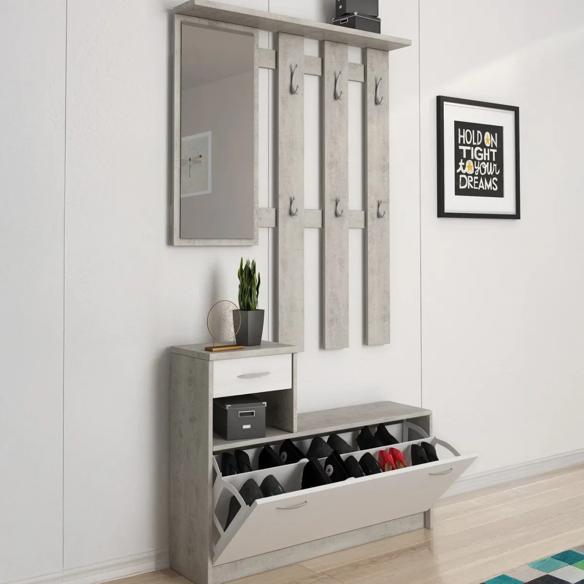 Mobili Da Ingresso|Ingresso > Dmora Mobile ingresso sospeso con scarpiera bianco e cemento 100x190h cm - Garolfo Grigio, Bianco Cemento