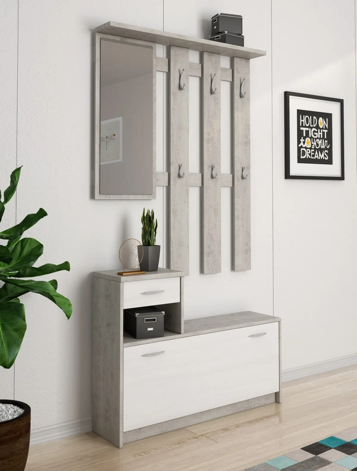Mobili Da Ingresso|Ingresso > Dmora Mobile ingresso sospeso con scarpiera bianco e cemento 100x190h cm - Garolfo Grigio, Bianco Cemento