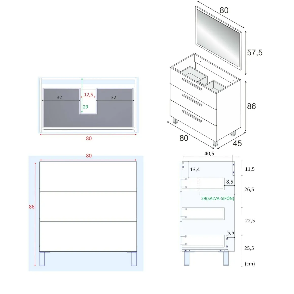 Mobile lavabo 3 cassetti 80x86x45h cm rovere - Elleboro