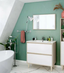 Bagno|Mobili Sottolavabo > Dmora Mobile lavabo con specchio 80x45x80h cm bianco lucido e rovere - Berillo Marrone Rovere, Bianco Lucido
