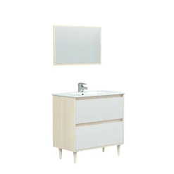 Bagno|Mobili Sottolavabo > Dmora Mobile lavabo con specchio 80x45x80h cm bianco lucido e rovere - Berillo Marrone Rovere, Bianco Lucido