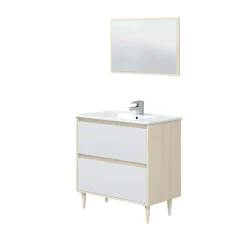 Bagno|Mobili Sottolavabo > Dmora Mobile lavabo con specchio 80x45x80h cm bianco lucido e rovere - Berillo Marrone Rovere, Bianco Lucido