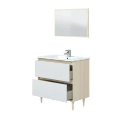 Bagno|Mobili Sottolavabo > Dmora Mobile lavabo con specchio 80x45x80h cm bianco lucido e rovere - Berillo Marrone Rovere, Bianco Lucido