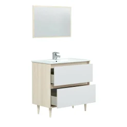 Bagno|Mobili Sottolavabo > Dmora Mobile lavabo con specchio 80x45x80h cm bianco lucido e rovere - Berillo Marrone Rovere, Bianco Lucido