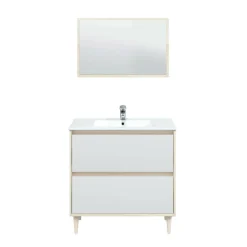 Bagno|Mobili Sottolavabo > Dmora Mobile lavabo con specchio 80x45x80h cm bianco lucido e rovere - Berillo Marrone Rovere, Bianco Lucido