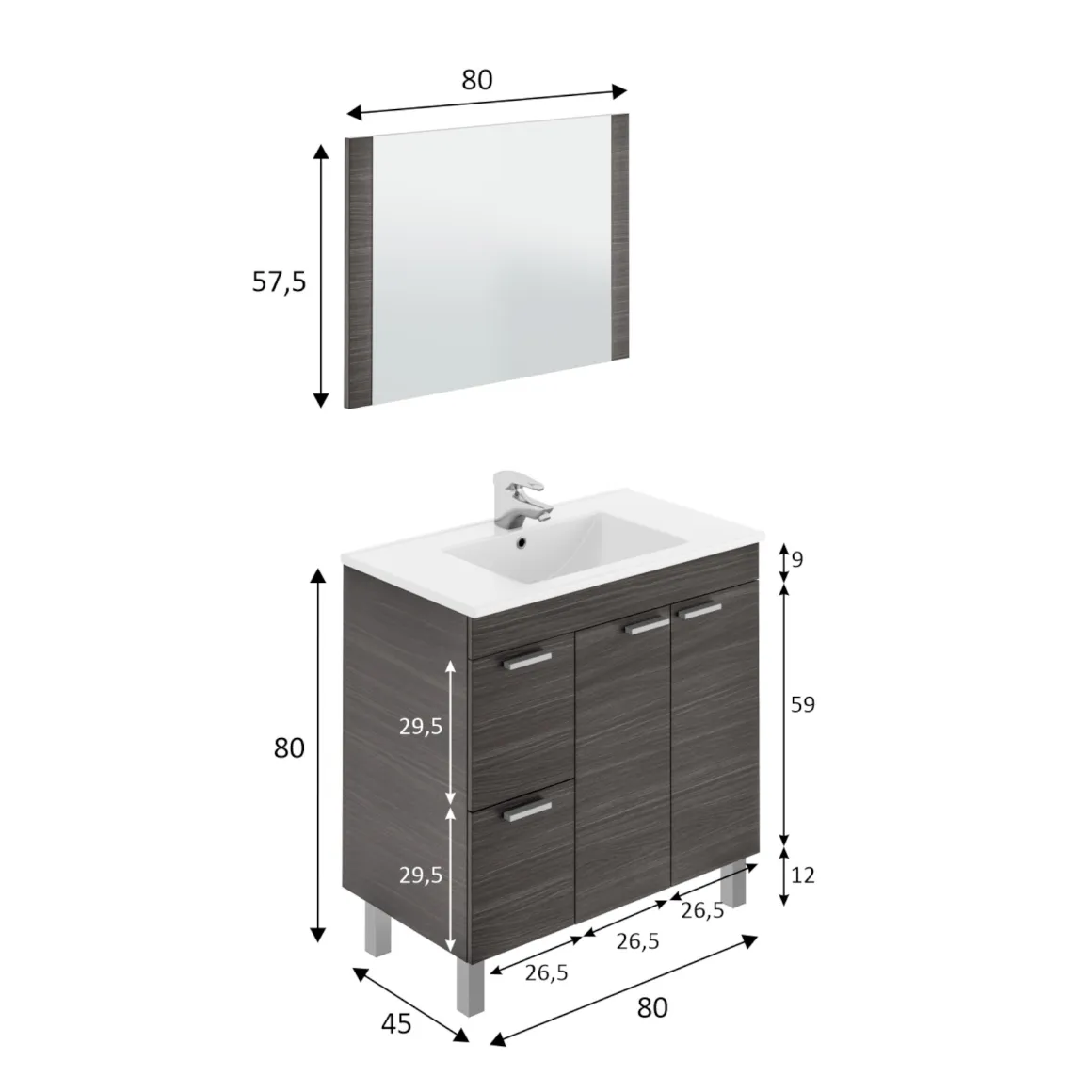 Mobili Sottolavabo > Dmora Mobile lavandino 3 cassetti 80x45x86h cm bianco lucido e rovere - Dianmu Marrone Rovere, Bianco Lucido