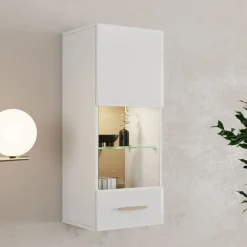 Mobile Pensile Bianco Opaco Marrone Rovere 2 Ripiani Un'anta 39x96h cm, Anta e Ripiano Dettaglio Vetro - Gonnes
