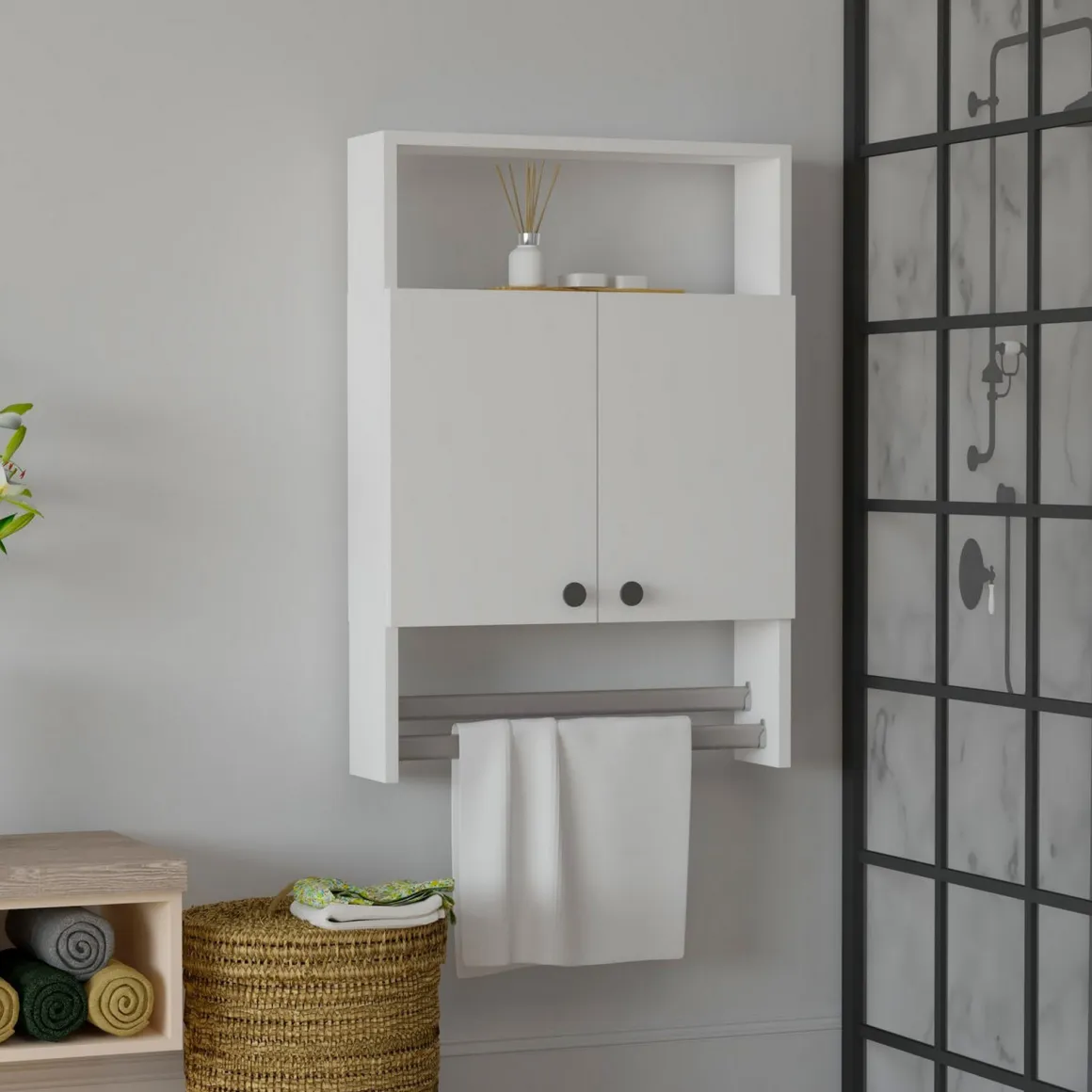 Mobile Pensile Bianco 2 Ripiani Apertura Battente 60x87h cm, 2 Ante - Tanagro