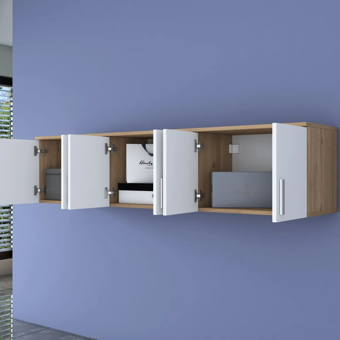 Mobile Pensile Marrone Rovere Bianco 6 Ante 3 Vani 180x41h cm, Apertura Battente - Arazzo