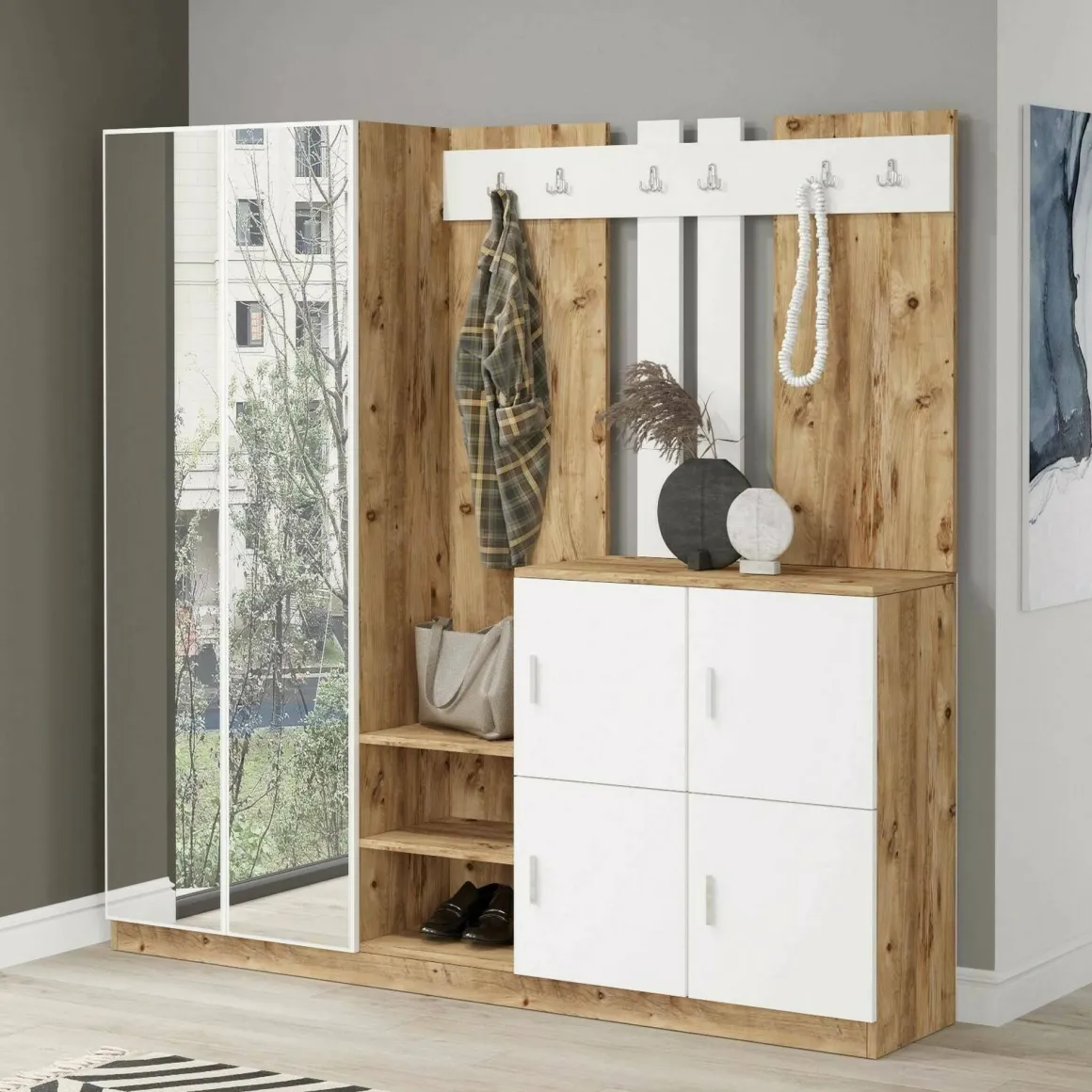 Mobile per ingresso 4 ante quercia e bianco 187x180h cm - Artin