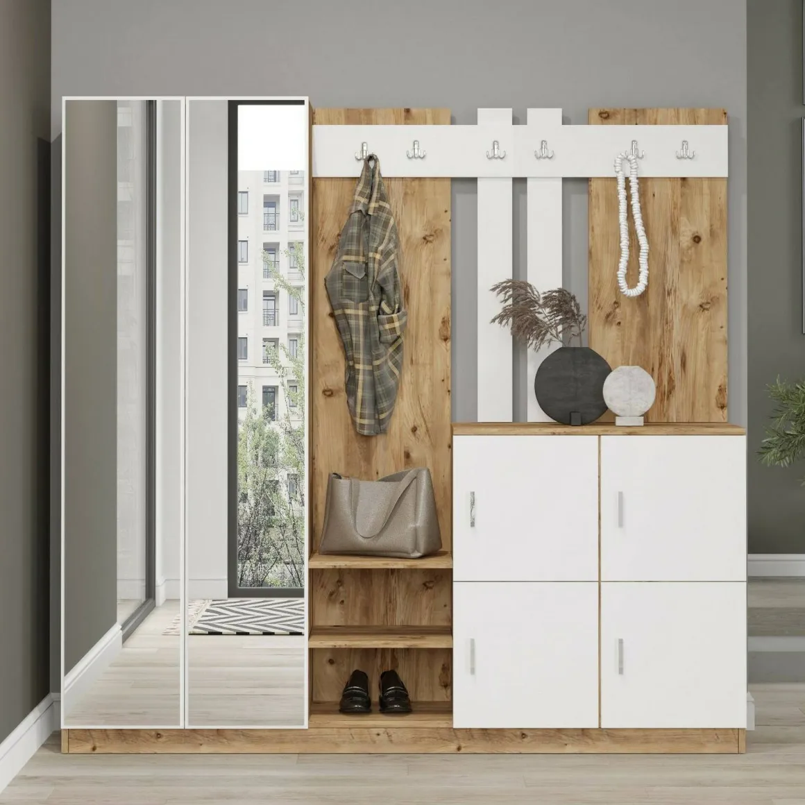 Mobile per ingresso 4 ante quercia e bianco 187x180h cm - Artin