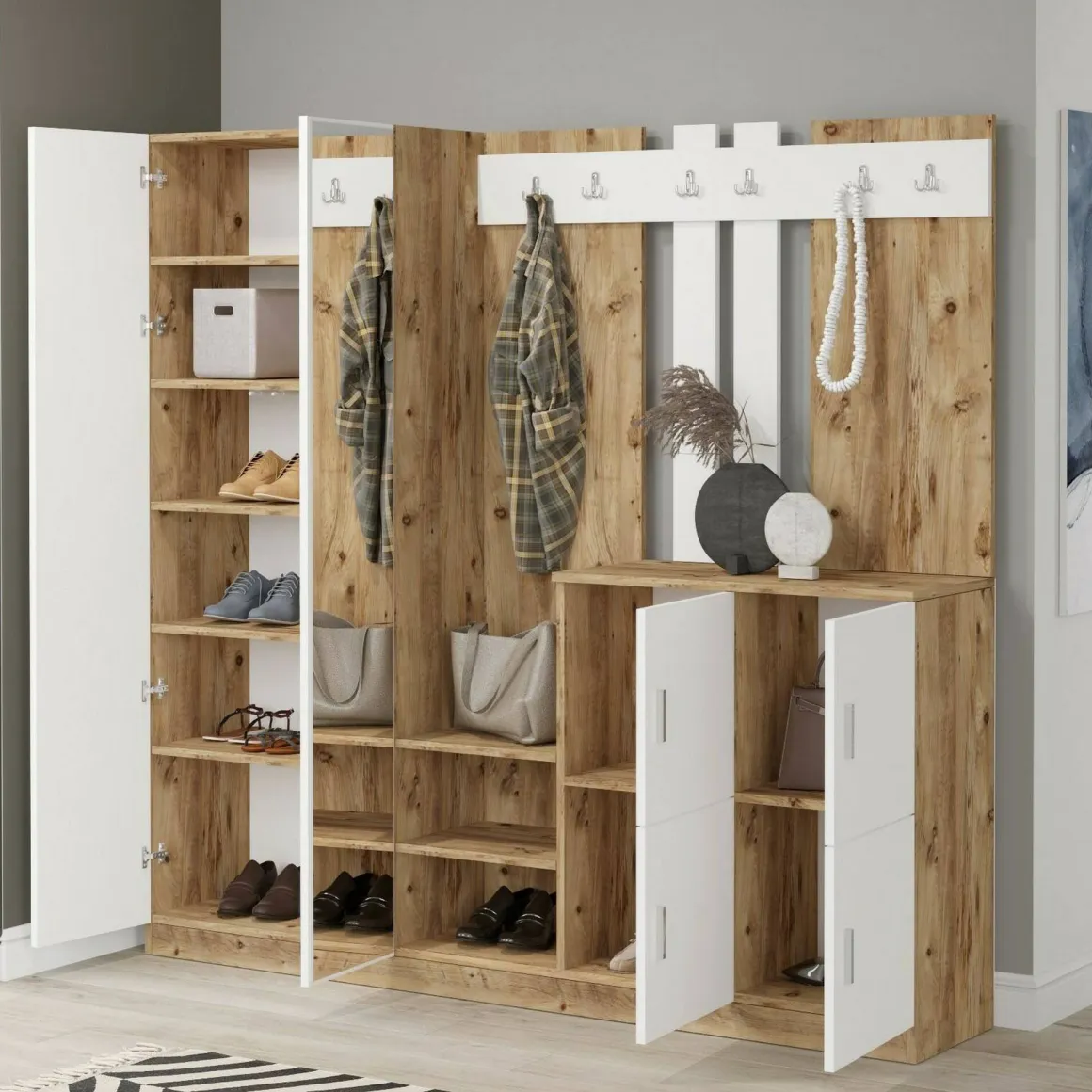 Mobile per ingresso 4 ante quercia e bianco 187x180h cm - Artin