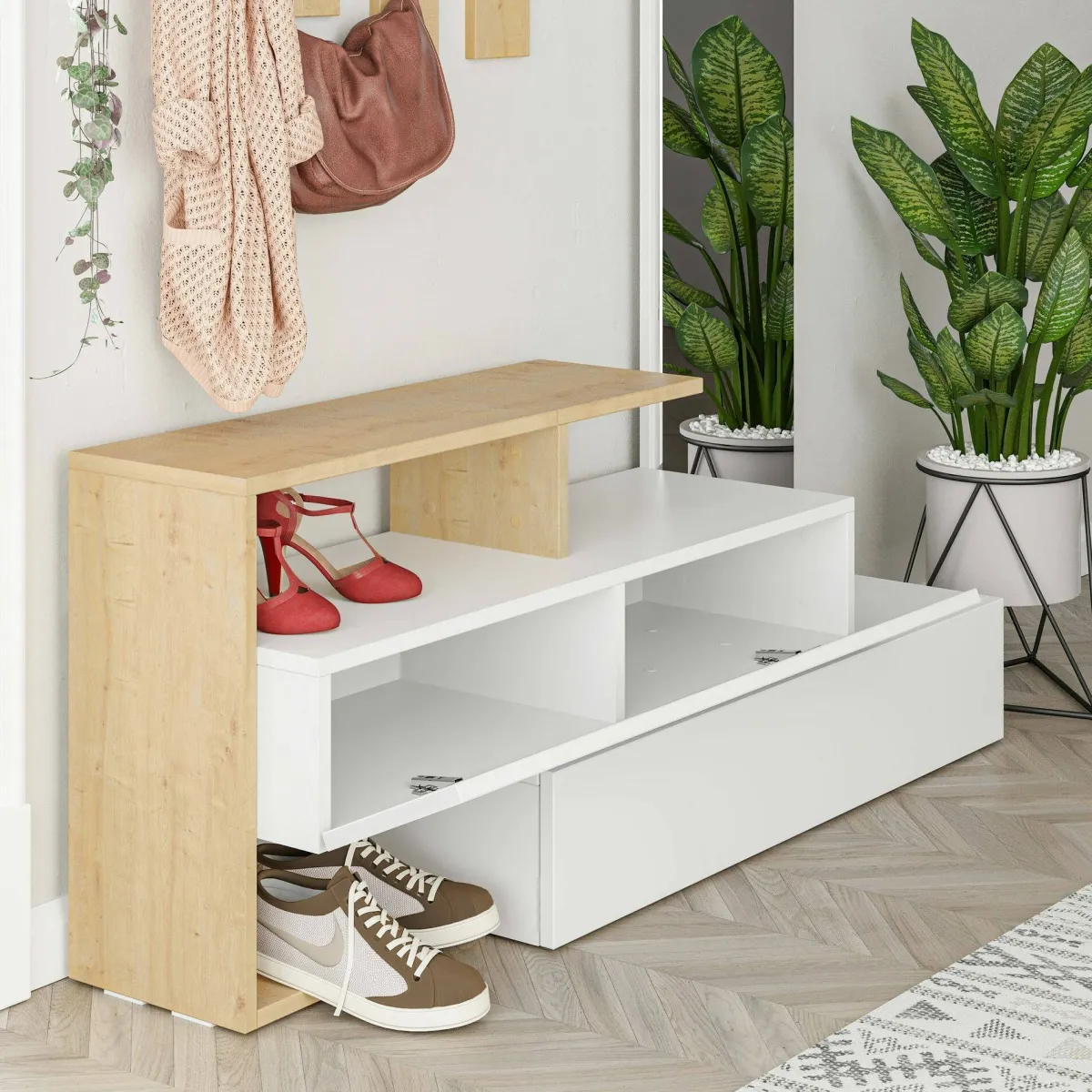 Mobili Da Ingresso|Ingresso > Dmora Mobile per ingresso sospeso 2 ante bianco e rovere 137x54h cm - Ascari Marrone, Bianco Rovere