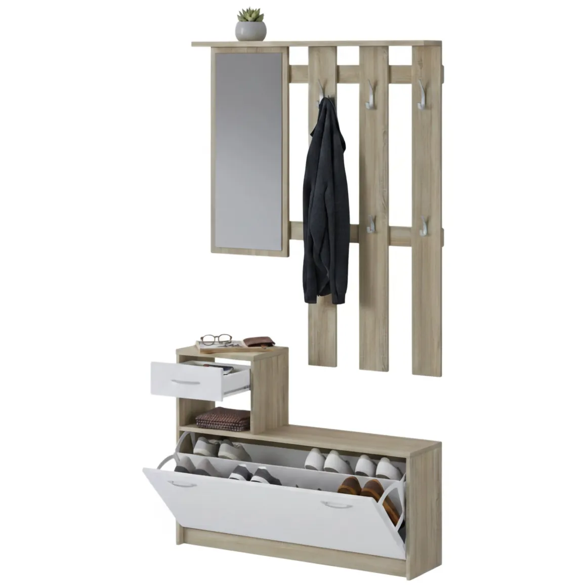 Mobile per ingresso sospeso con scarpiera bianco e rovere 100x190h cm - Garolfo