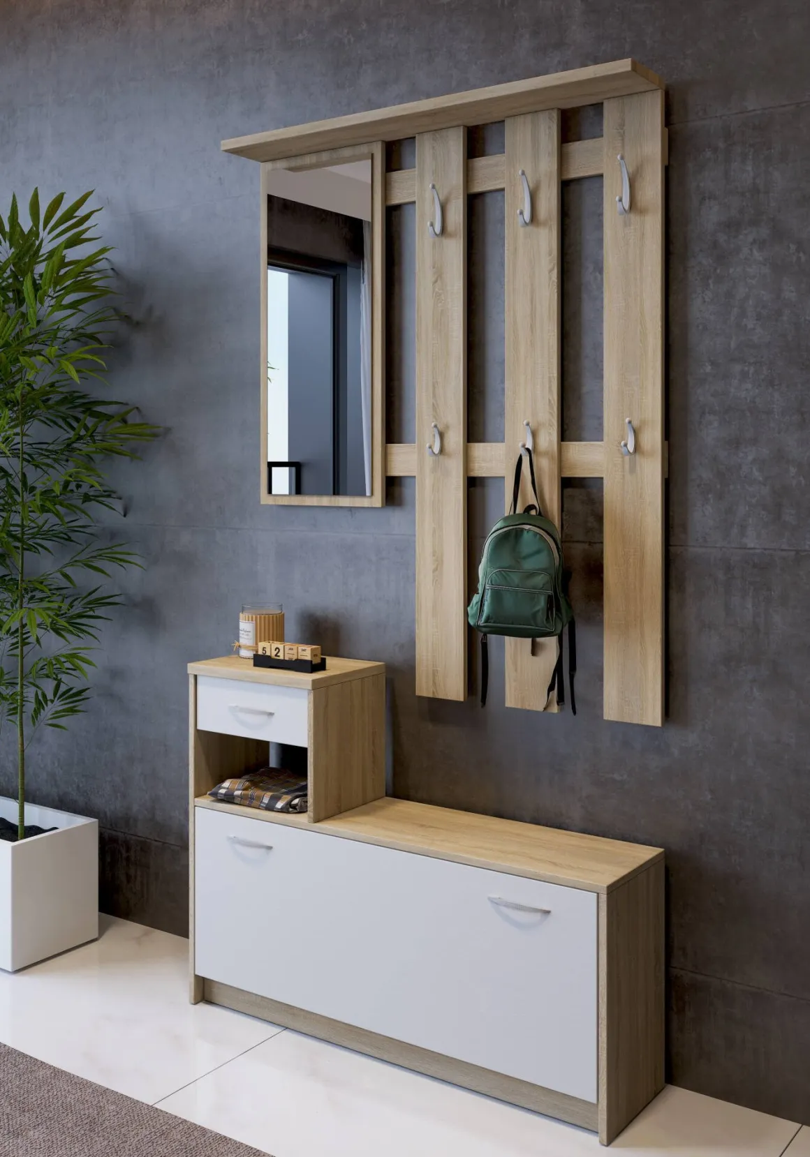 Mobile per ingresso sospeso con scarpiera bianco e rovere 100x190h cm - Garolfo