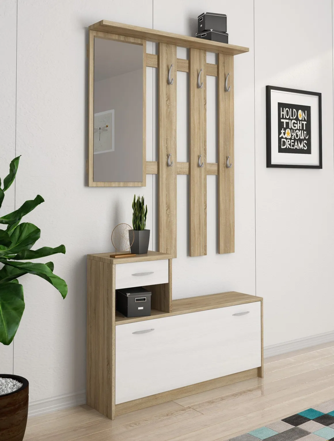 Mobile per ingresso sospeso con scarpiera bianco e rovere 100x190h cm - Garolfo