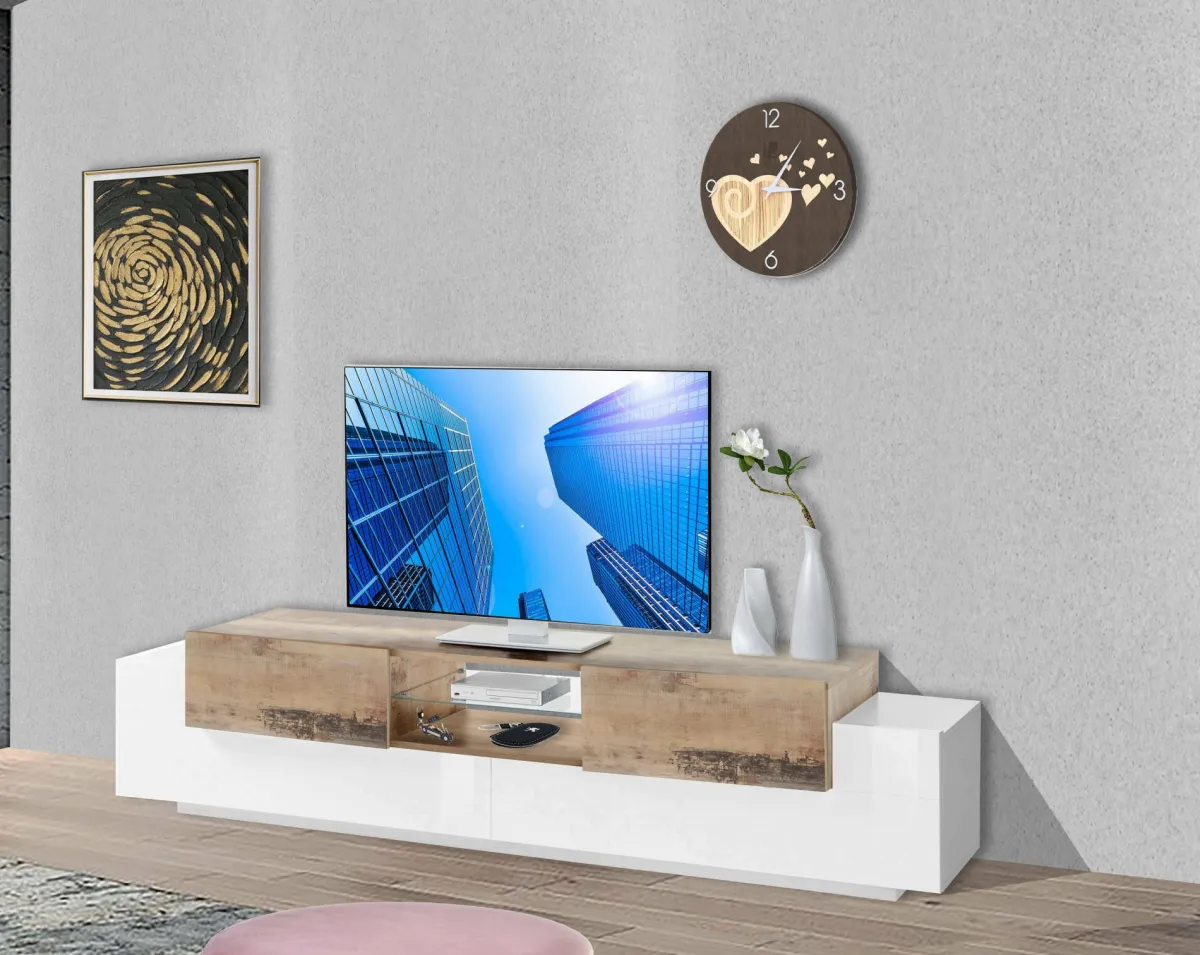 Salotto > Dmora Mobile porta TV Amato, cm 220x45h51, Bianco lucido e Acero Marrone Acero, Bianco Lucido