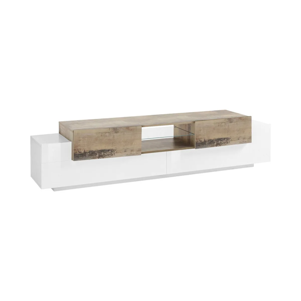 Salotto > Dmora Mobile porta TV Amato, cm 220x45h51, Bianco lucido e Acero Marrone Acero, Bianco Lucido