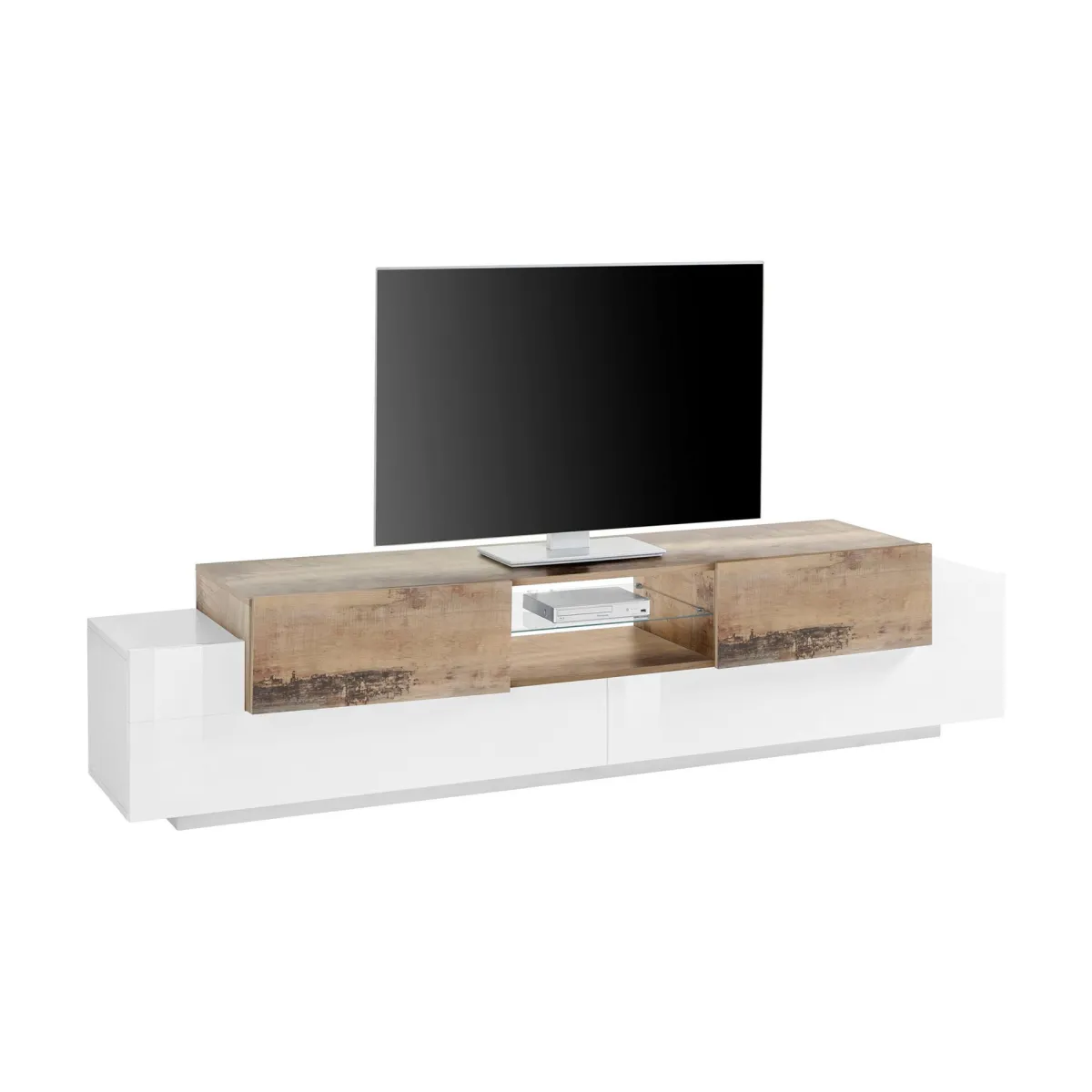 Salotto > Dmora Mobile porta TV Amato, cm 220x45h51, Bianco lucido e Acero Marrone Acero, Bianco Lucido