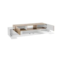 Salotto > Dmora Mobile porta TV Amato, cm 220x45h51, Bianco lucido e Acero Marrone Acero, Bianco Lucido