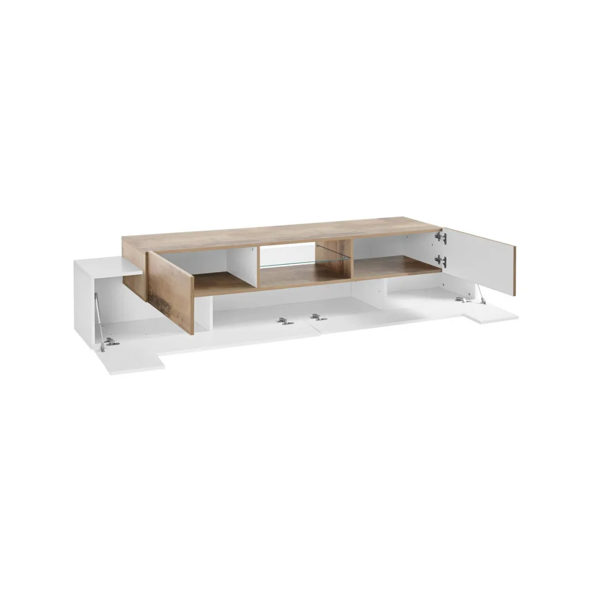 Salotto > Dmora Mobile porta TV Amato, cm 220x45h51, Bianco lucido e Acero Marrone Acero, Bianco Lucido