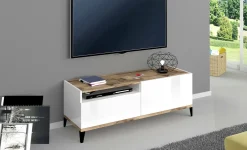 Mobile porta TV Atris, cm 120x40h47, Bianco lucido e Acero