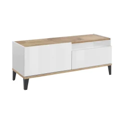 Mobile porta TV Atris, cm 120x40h47, Bianco lucido e Acero