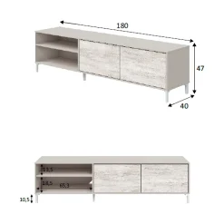 Mobile Porta tv Beige Bianco Anticato Cassetti un Ripiano 180x40x47h cm, 2 Ante - Nociglia