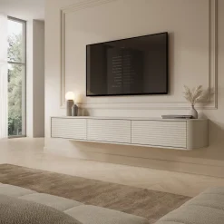 Mobili Porta Tv > Dmora Mobile Porta tv 3 Cassetti un Ripiano 200x34x28h cm, 3 Vani - Kahate Beige Cashmere