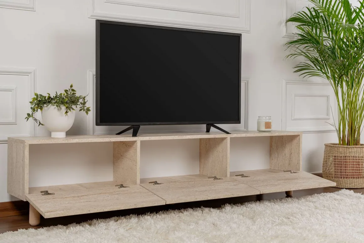 Mobile Porta tv Beige Marmo Antracite 3 Ante 3 Vani 180x31x42h cm, Apertura a Ribalta - Baluffi