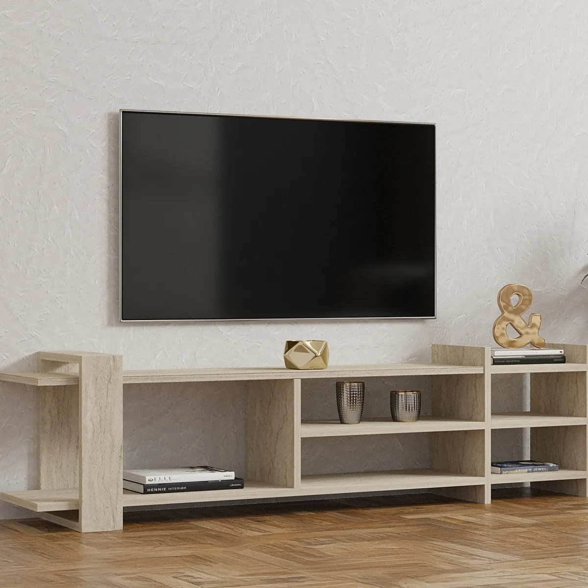Mobili Porta Tv > Dmora Mobile Porta tv Beige Marmo Beige Marmo 2 Ripiani 5 Vani 156x30x40h cm, Peso Supportato 40 kg - Zubiena Beige Marmo, Beige Marmo