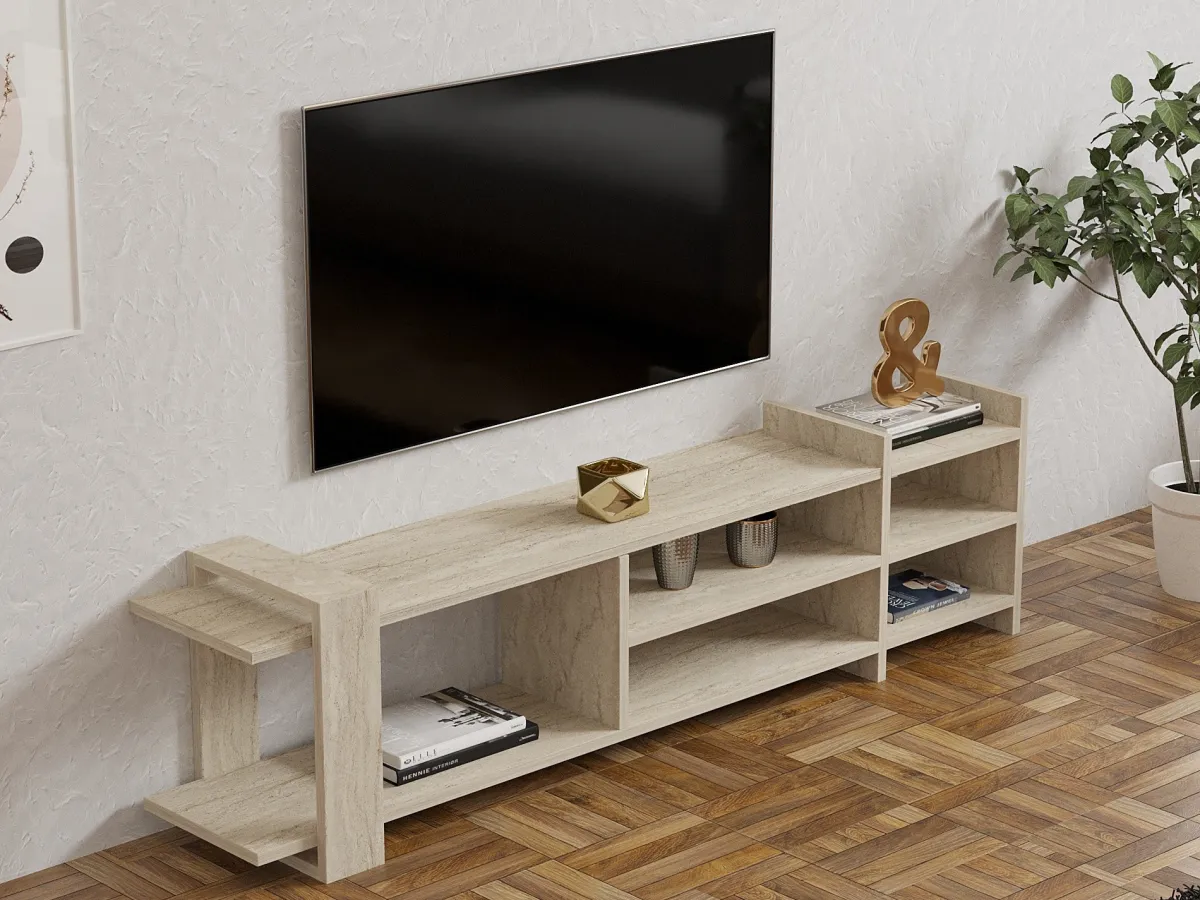Mobili Porta Tv > Dmora Mobile Porta tv Beige Marmo Beige Marmo 2 Ripiani 5 Vani 156x30x40h cm, Peso Supportato 40 kg - Zubiena Beige Marmo, Beige Marmo