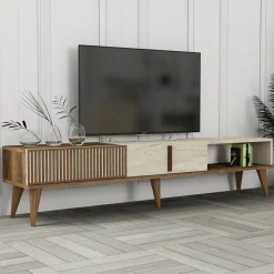 Mobile Porta tv Beige Marmo Marrone Noce 2 Ante Apertura a Ribalta 180x35x40h cm, 3 Vani - Sicoli