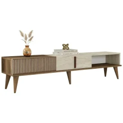 Mobile Porta tv Beige Marmo Marrone Noce 2 Ante Apertura a Ribalta 180x35x40h cm, 3 Vani - Sicoli