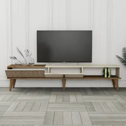 Mobile Porta tv Beige Marmo Marrone Noce 2 Ante Apertura a Ribalta 180x35x40h cm, 3 Vani - Sicoli