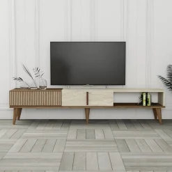 Mobile Porta tv Beige Marmo Marrone Noce 2 Ante Apertura a Ribalta 180x35x40h cm, 3 Vani - Sicoli