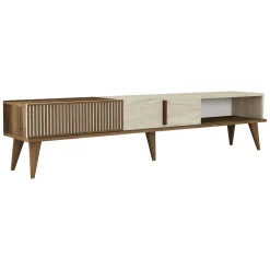 Mobile Porta tv Beige Marmo Marrone Noce 2 Ante Apertura a Ribalta 180x35x40h cm, 3 Vani - Sicoli