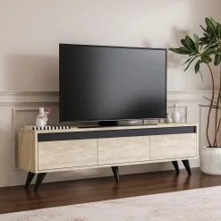 Mobile Porta tv Beige Marmo Nero Antracite 3 Ante Apertura a Ribalta 150x30x45h cm, 3 Vani - Reatino