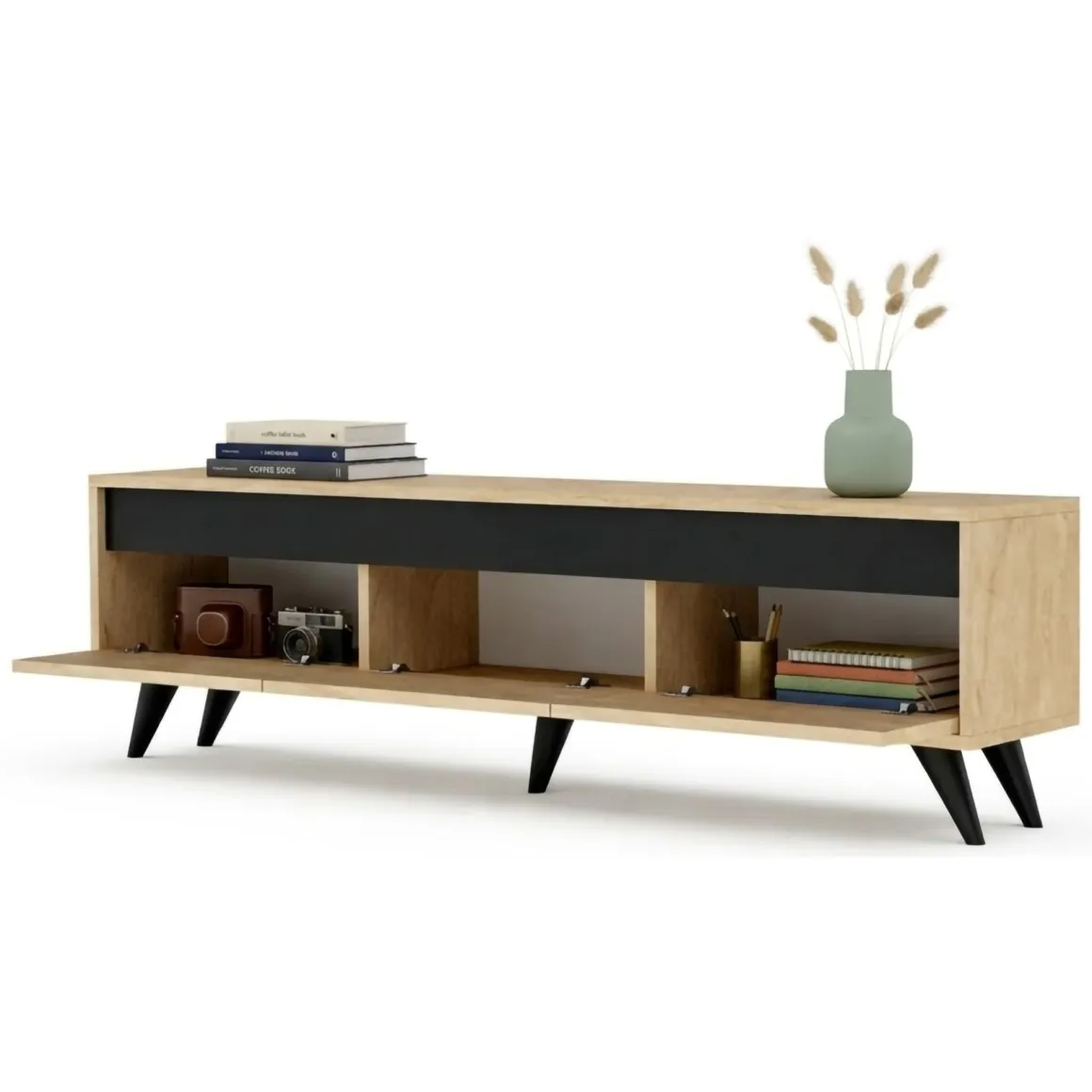 Mobile Porta tv Beige Marmo Nero Antracite 3 Ante Apertura a Ribalta 150x30x45h cm, 3 Vani - Reatino
