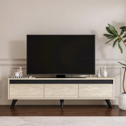 Mobile Porta tv Beige Marmo Nero Antracite 3 Ante Apertura a Ribalta 150x30x45h cm, 3 Vani - Reatino