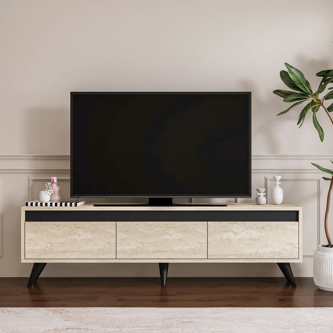 Mobile Porta tv Beige Marmo Nero Antracite 3 Ante Apertura a Ribalta 150x30x45h cm, 3 Vani - Reatino