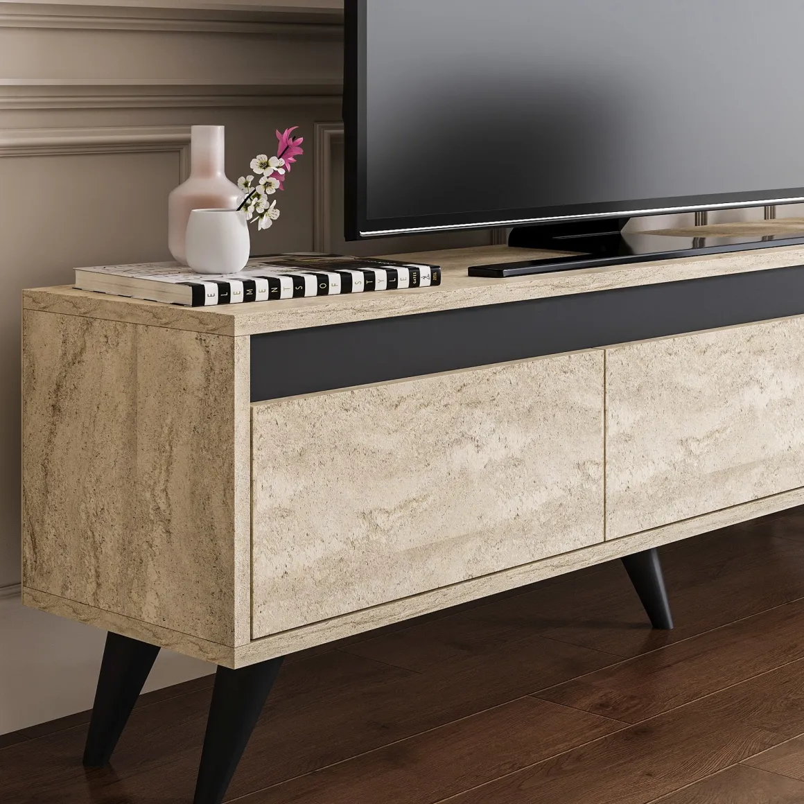 Mobile Porta tv Beige Marmo Nero Antracite 3 Ante Apertura a Ribalta 150x30x45h cm, 3 Vani - Reatino