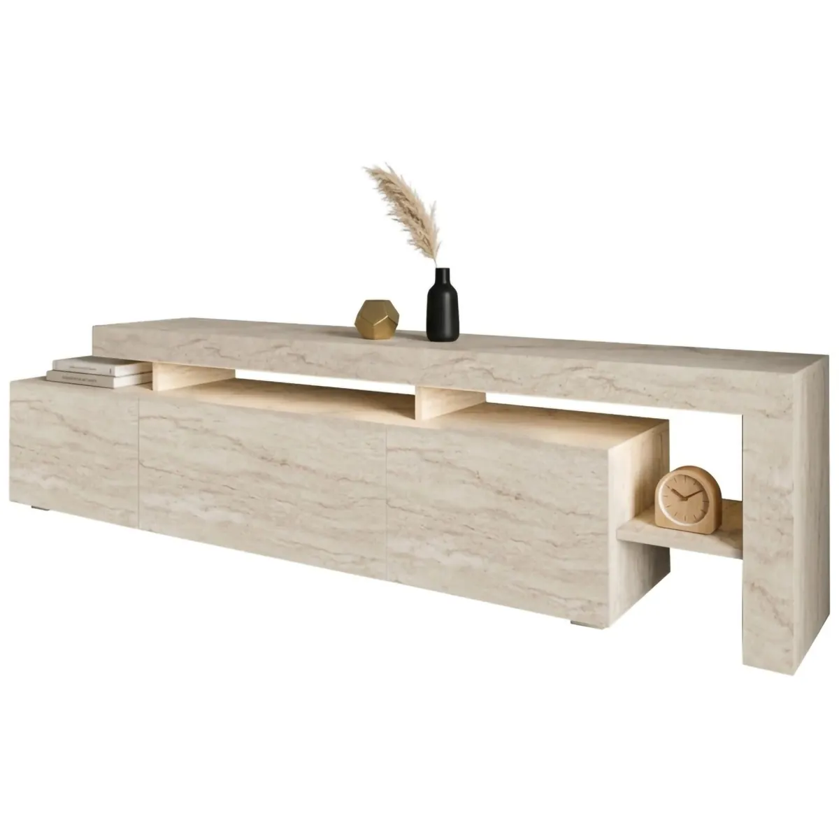Mobili Porta Tv > Dmora Mobile Porta tv un Ripiano Apertura Battente, a Ribalta 192x37x53h cm, 3 Ante - Trasacco Beige Marmo