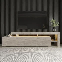 Mobili Porta Tv > Dmora Mobile Porta tv un Ripiano Apertura Battente, a Ribalta 192x37x53h cm, 3 Ante - Trasacco Beige Marmo