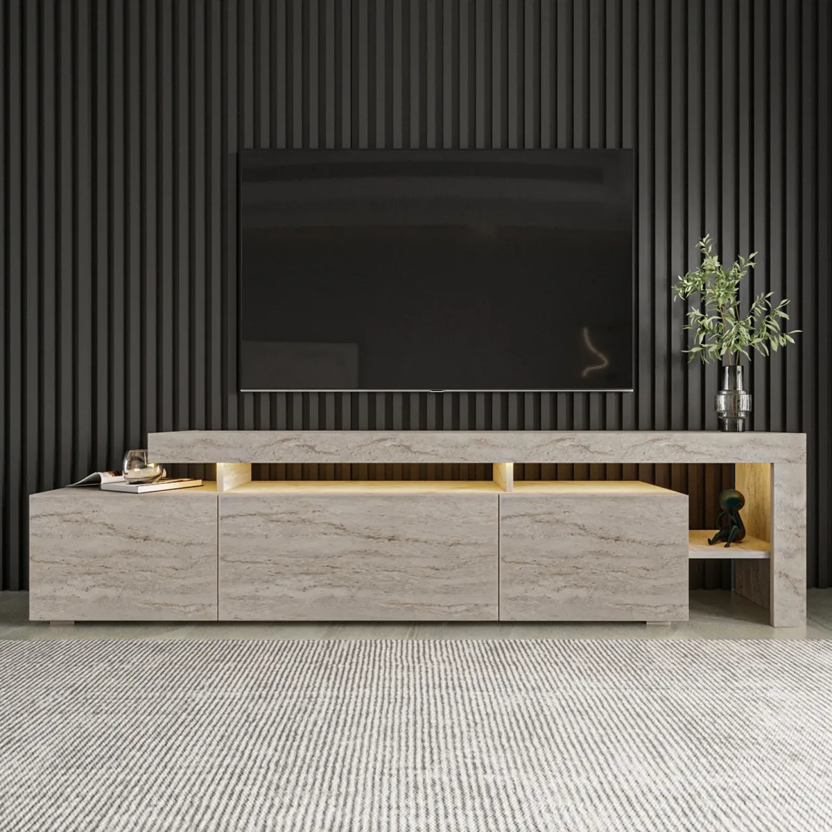 Mobili Porta Tv > Dmora Mobile Porta tv un Ripiano Apertura Battente, a Ribalta 192x37x53h cm, 3 Ante - Trasacco Beige Marmo